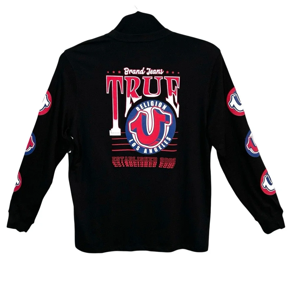 True Religion Men's Pop Horse Shoe Logo Long Sleeve‎ Tee Size XL Black Crew Neck
